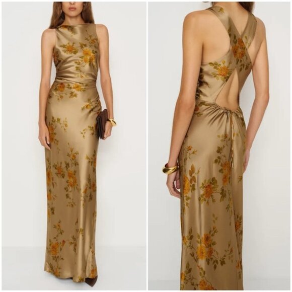 NEW Reformation Anaiis Silk Long Dress Poet Brown Tan Floral | US 4 UK 8 - Picture 1 of 13